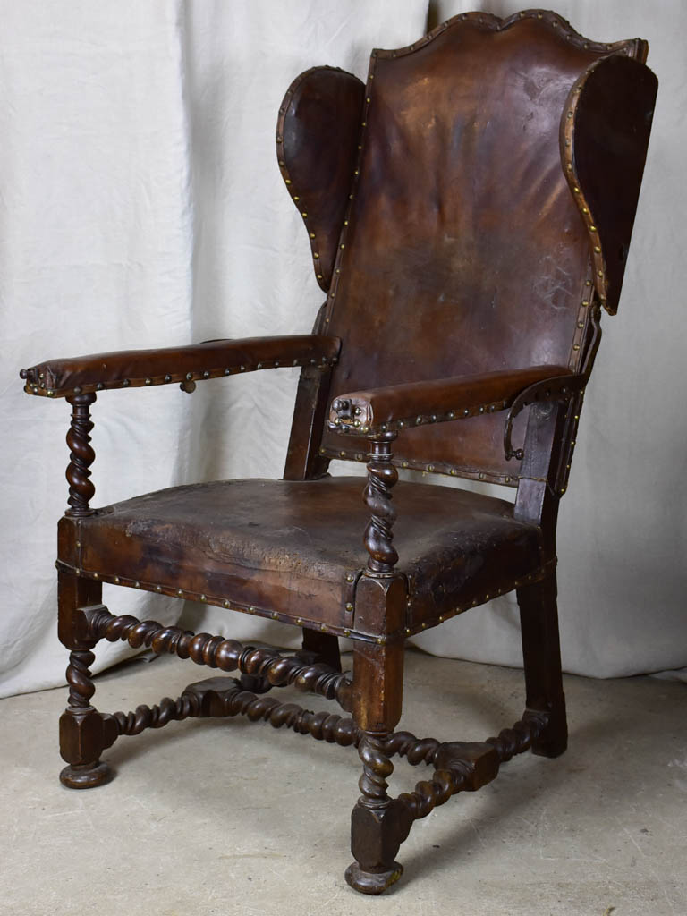 17th Century Louis XIII adjustable leather wingback armchair