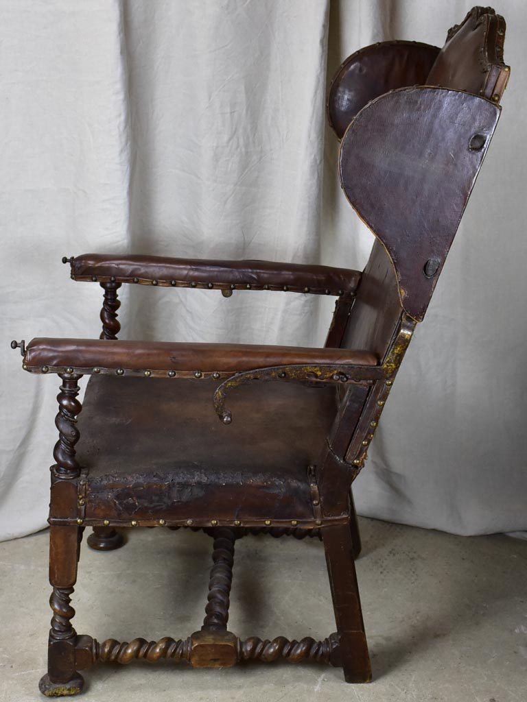 17th Century Louis XIII adjustable leather wingback armchair