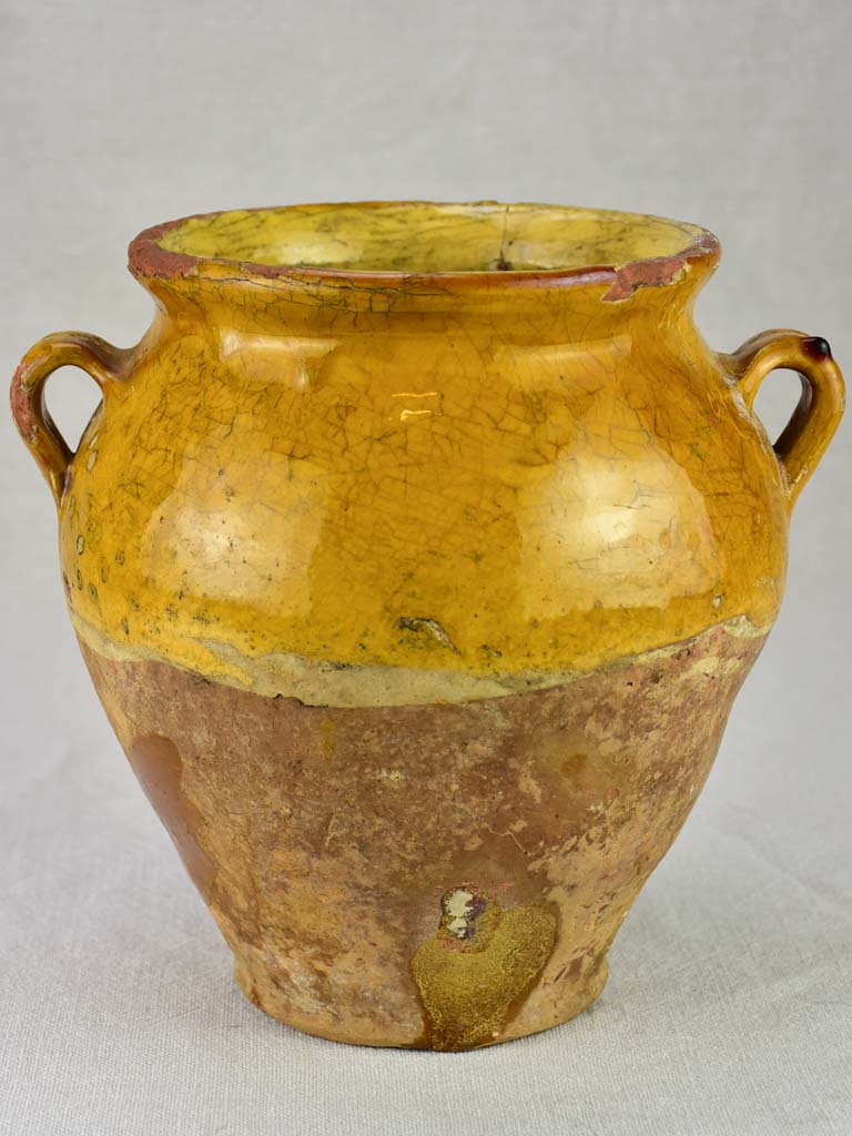 Pretty antique French confit pot with yellow / orange glaze 8¾"