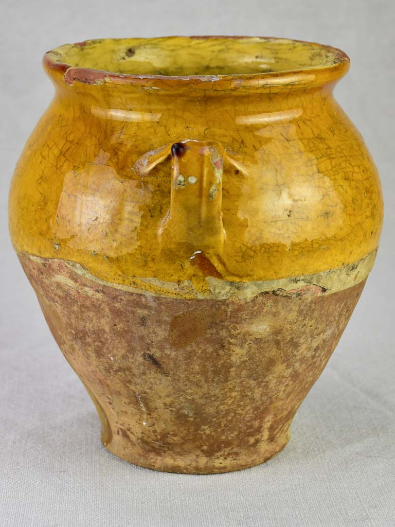 Pretty antique French confit pot with yellow / orange glaze 8¾"