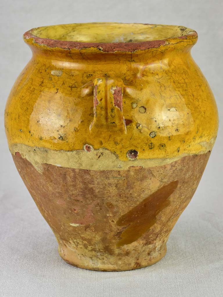 Pretty antique French confit pot with yellow / orange glaze 8¾"