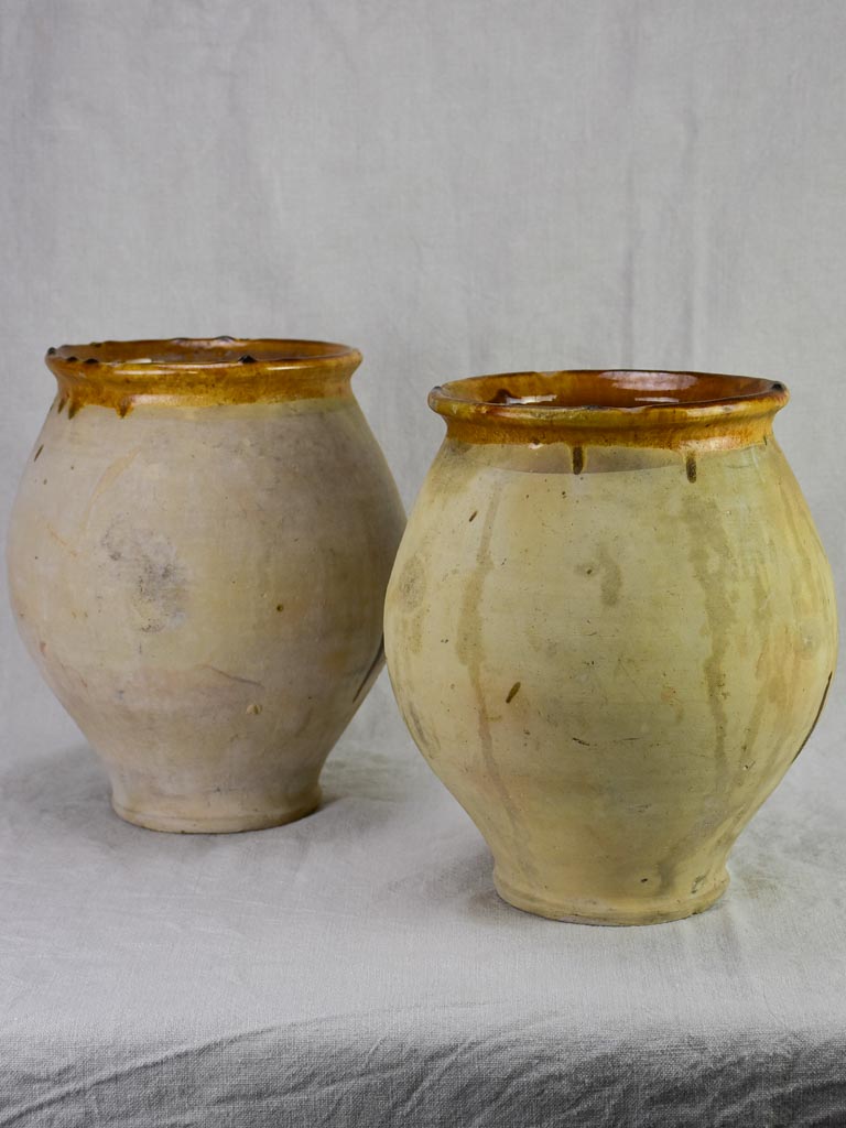 Pair of antique French confit pots with sepia glaze from Castelnaudary 11¾"