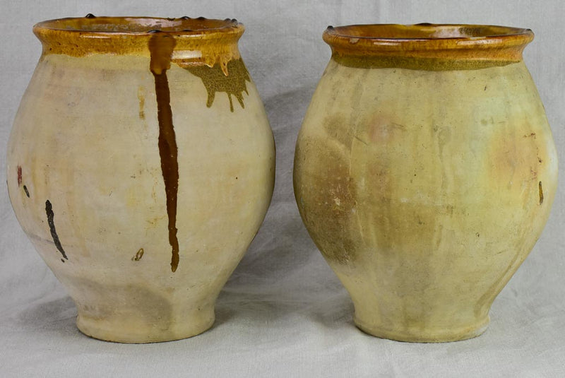 Pair of antique French confit pots with sepia glaze from Castelnaudary 11¾"