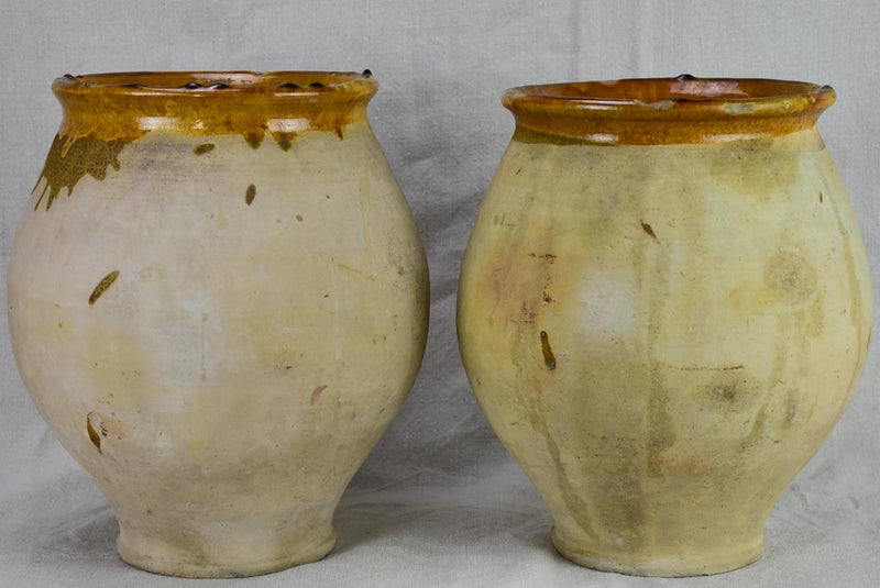 Pair of antique French confit pots with sepia glaze from Castelnaudary 11¾"