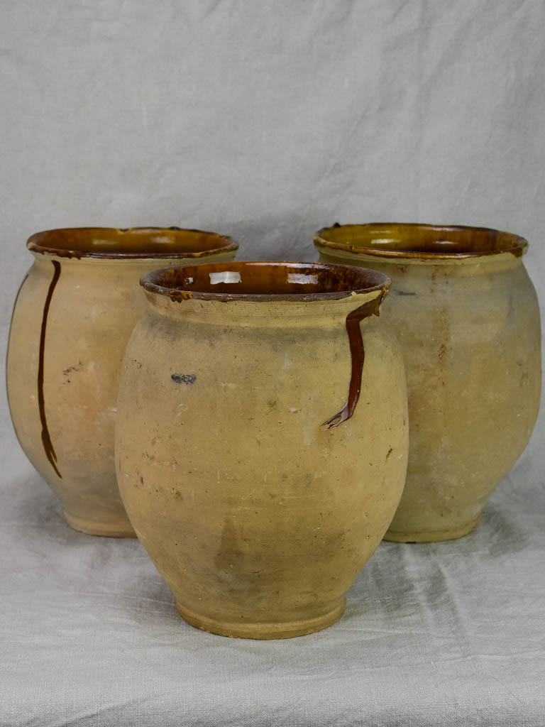 Three antique French confit pots with speckled glaze from Castelnaudary 11¾"