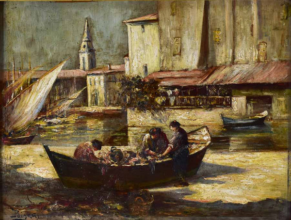 Mediterranean fishing scene signed - oil on wood - 1930's - 21¼" x 25¼"