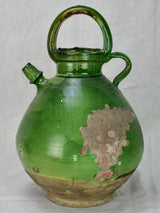 Antique French water cruche with green glaze 15¾"