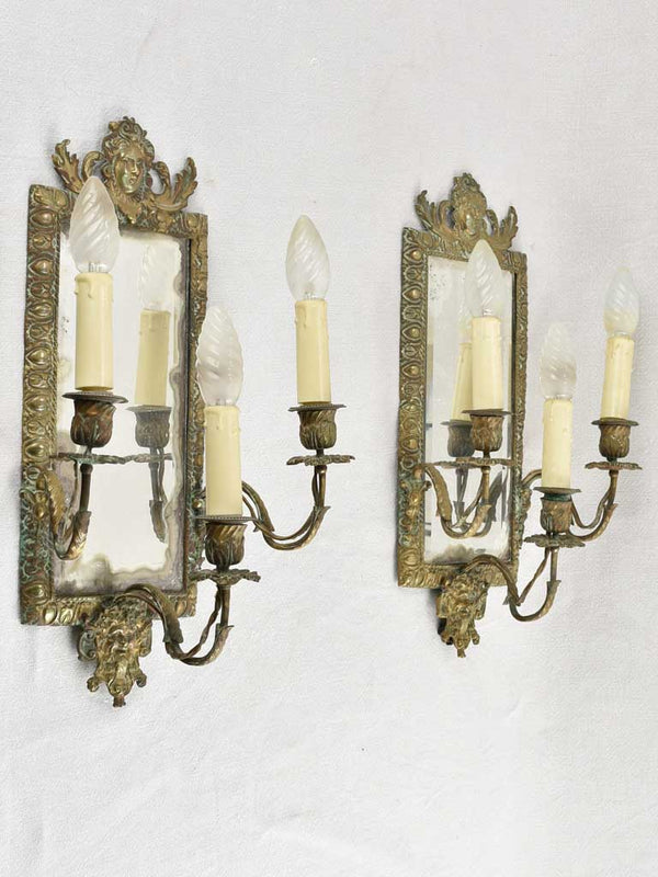 Pair of antique French wall mirrored sconces - bronze 18"