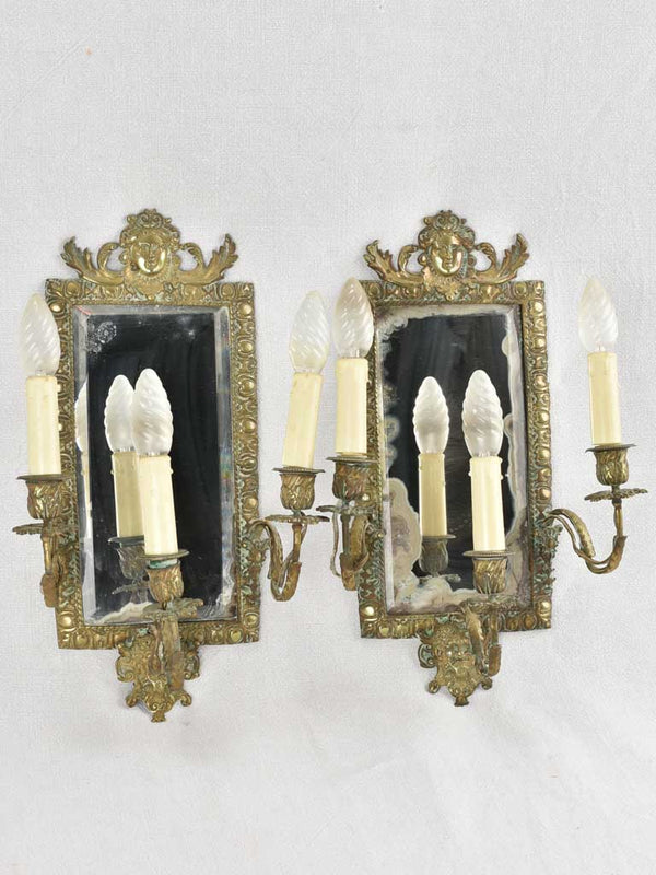 Pair of antique French wall mirrored sconces - bronze 18"