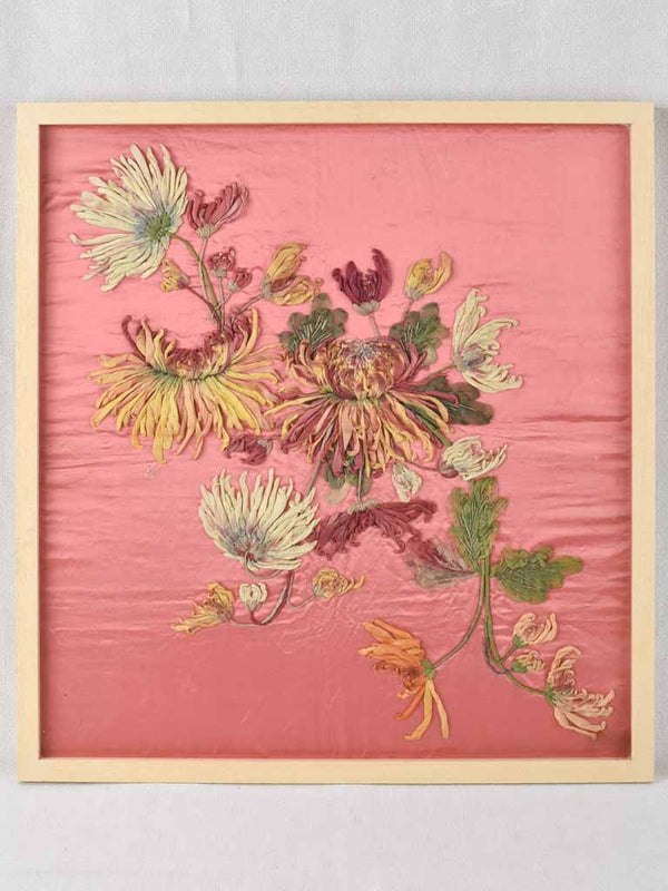 Antique vibrant pink silk tapestry artwork