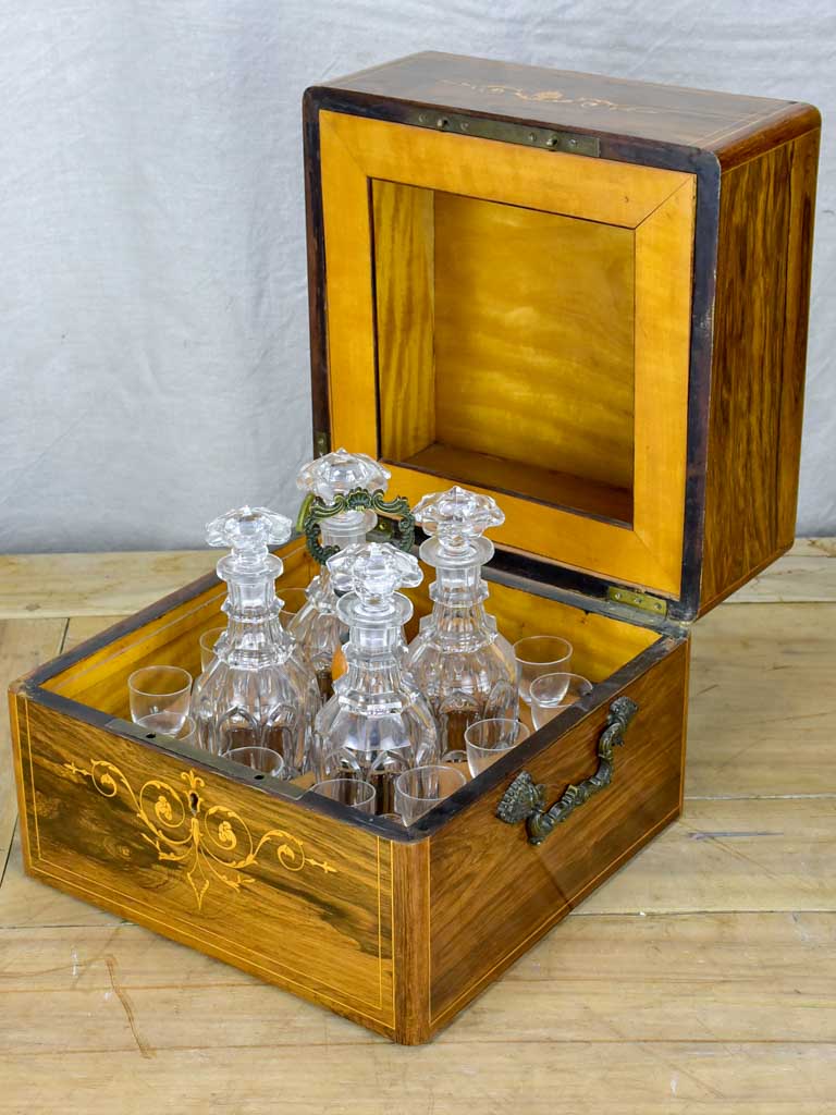 Antique French liquer box with four bottles and nine glasses
