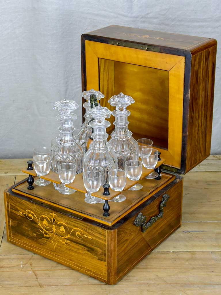 Antique French liquer box with four bottles and nine glasses