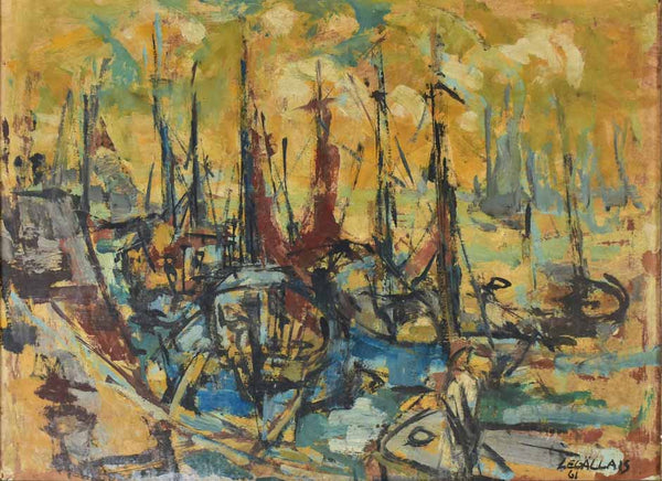 Cubist painting Le Havre port - André Legallais (1921 - 1980) oil on wood 1961 - 28¼" x 35¾"