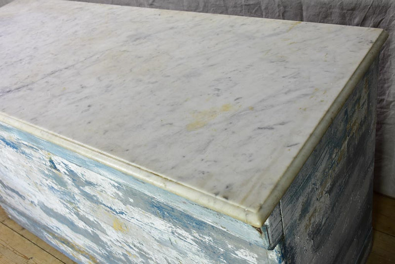 Rare antique French baker's counter with marble top and original patina 63" x 63" x 35½"