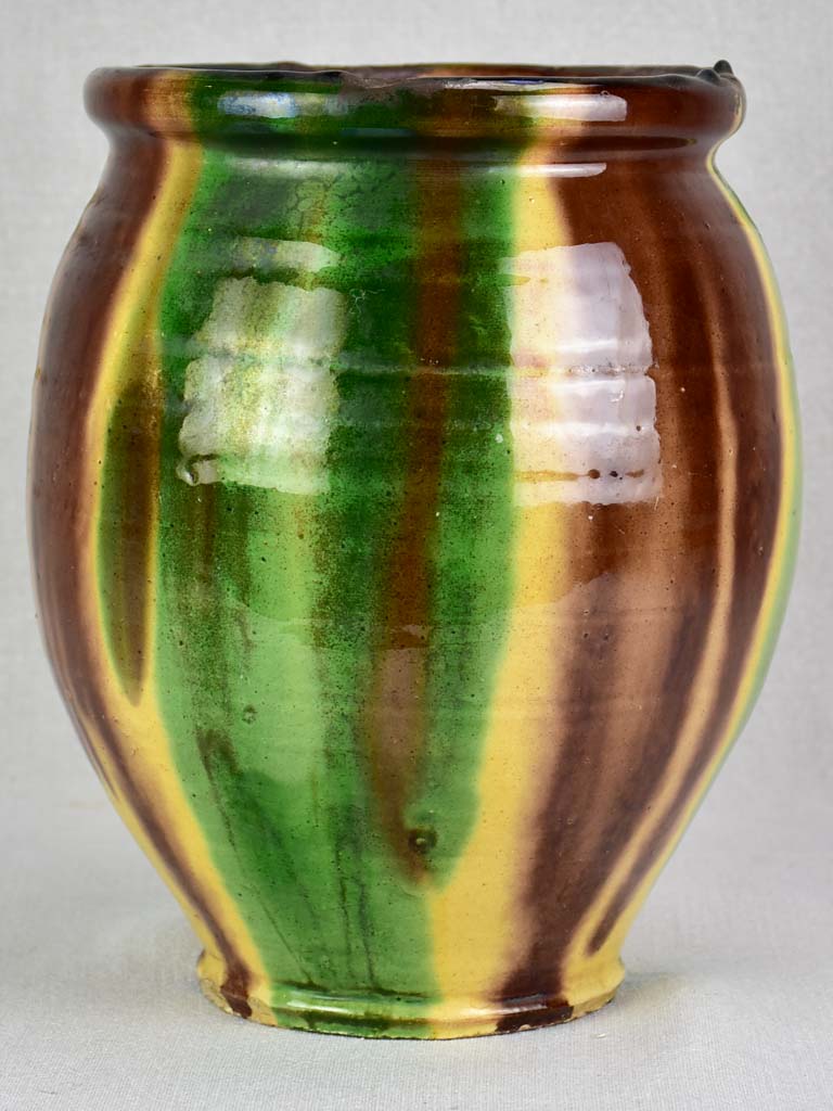 Antique French confit pot with yellow and brown glaze 11""