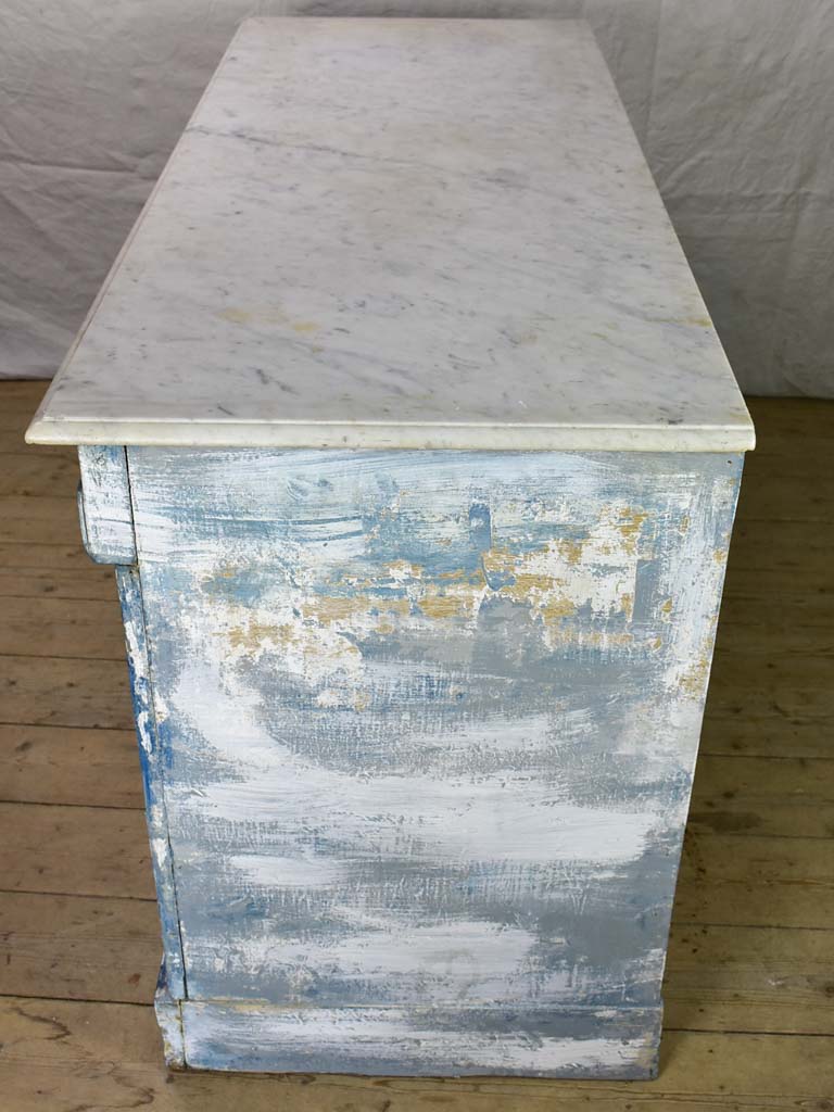 Rare antique French baker's counter with marble top and original patina 63" x 63" x 35½"