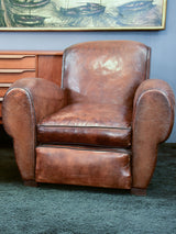 Pair of French leather club chairs with scroll back - pair two