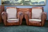 Pair of French leather club chairs with scroll back - pair two