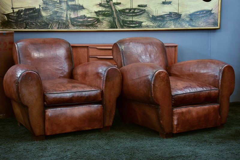 Pair of French leather club chairs with scroll back - pair two
