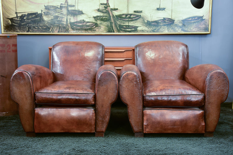 Pair of French leather club chairs with scroll back - pair two