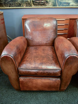 Pair of French leather club chairs with scroll back - pair two