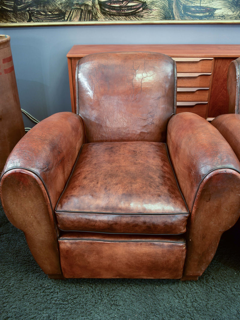 Pair of French leather club chairs with scroll back - pair two