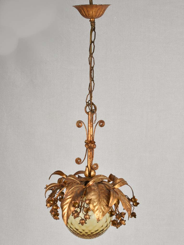 Pendant light - amber glass ball with lily of the valley décor