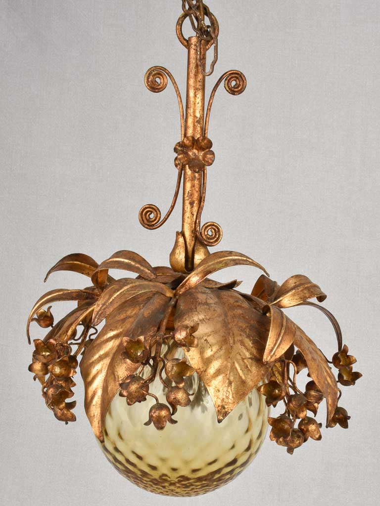 Pendant light - amber glass ball with lily of the valley décor
