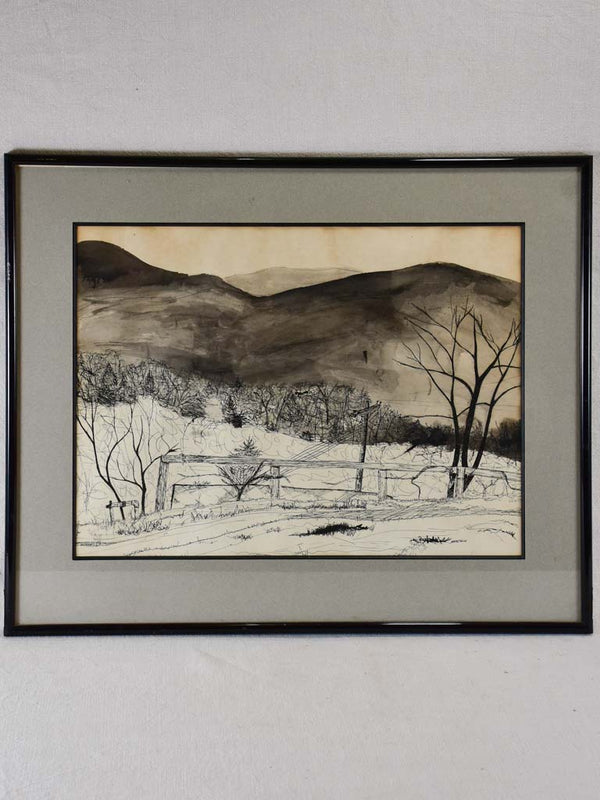 Vintage Ink-on-paper Rural Landscape