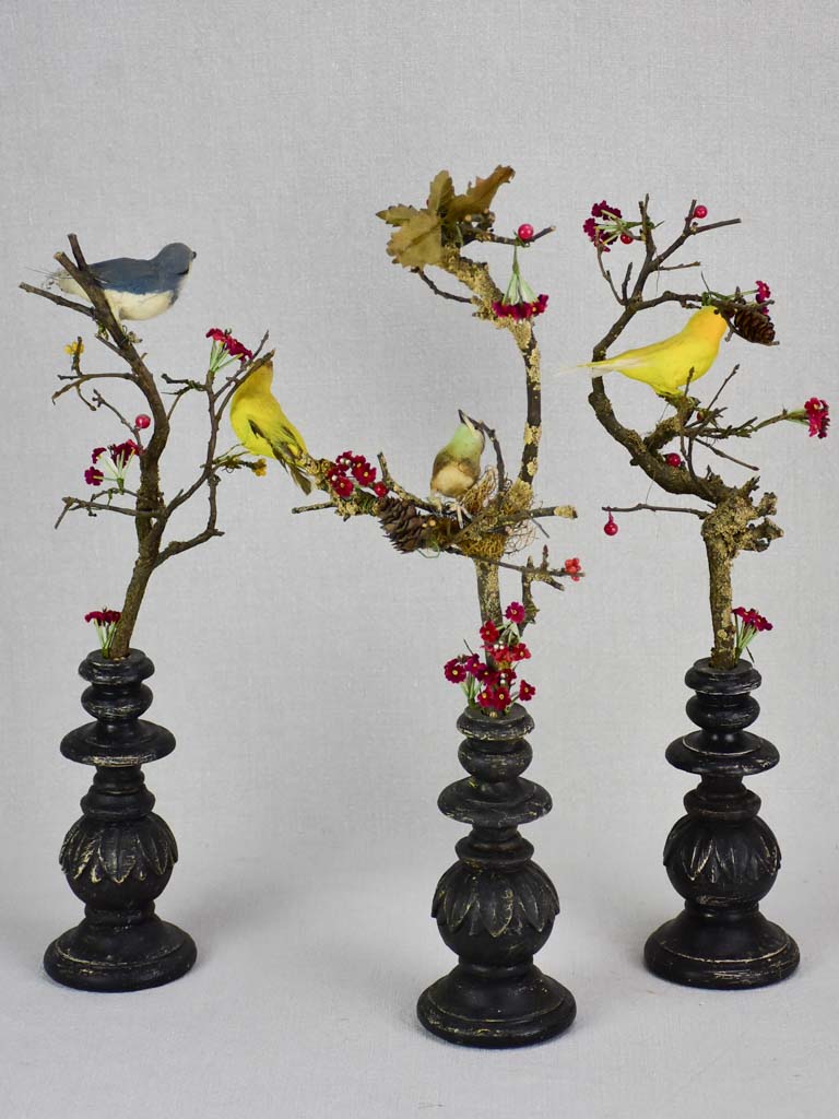 Collection of three artisan made birds on branches mounted on salvaged wooden supports 18"