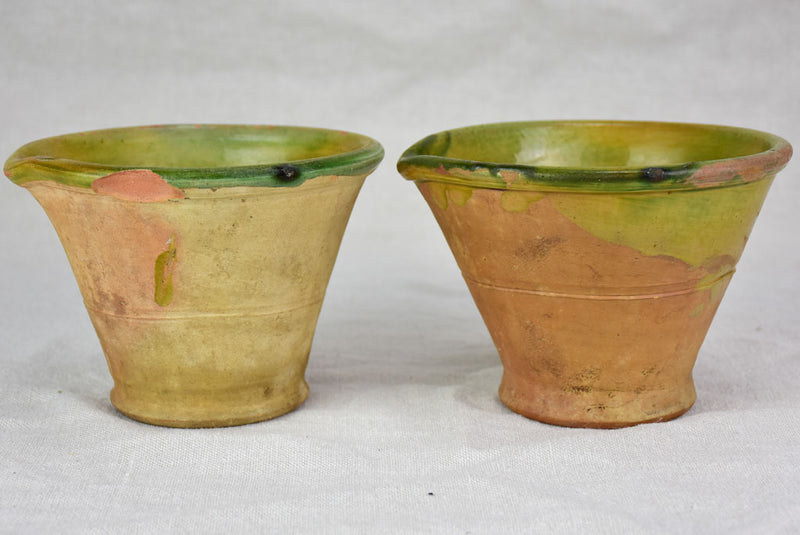 Pair of clay kitchen mortars / mixing pots with beaks
