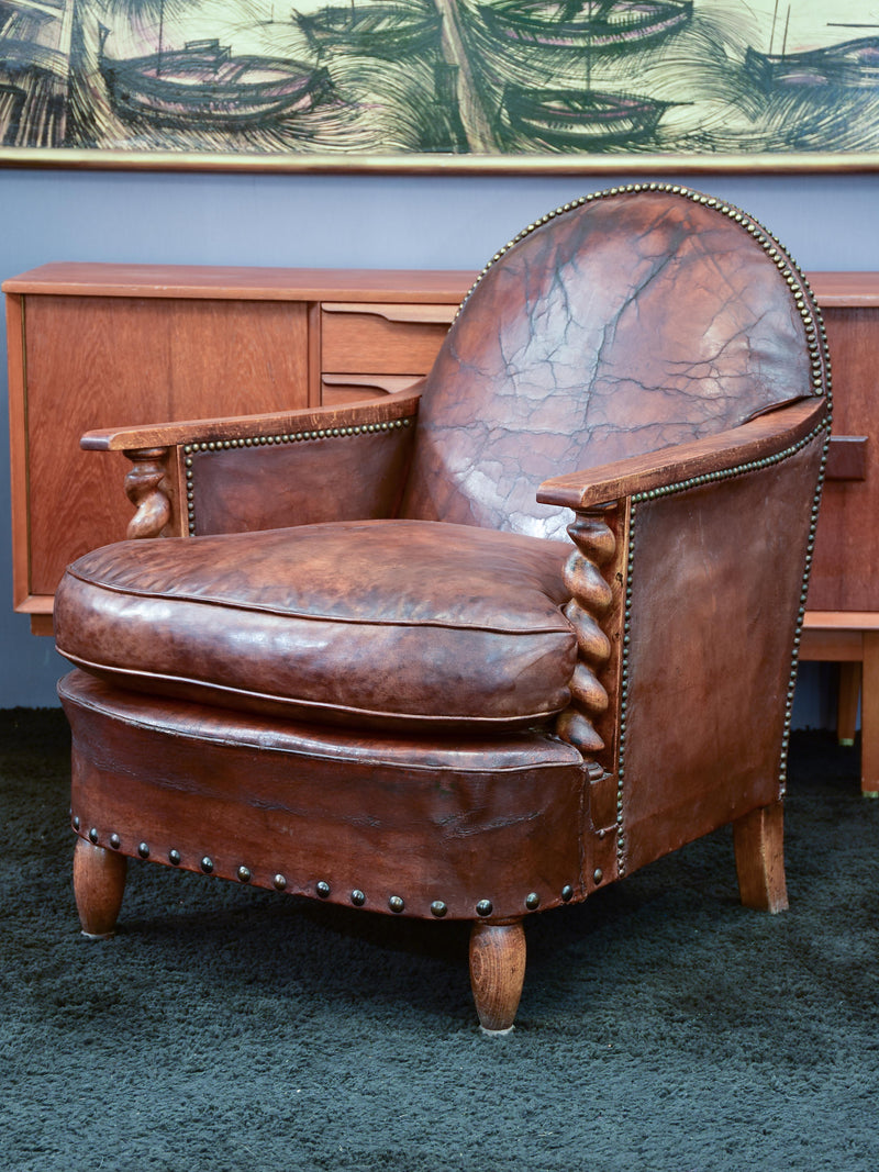 Antique French leather club chair