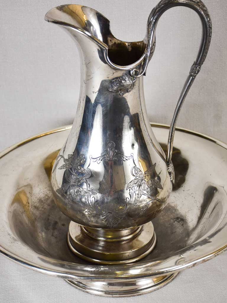 Large 19th-century English silver plated wash bowl and water pitcher