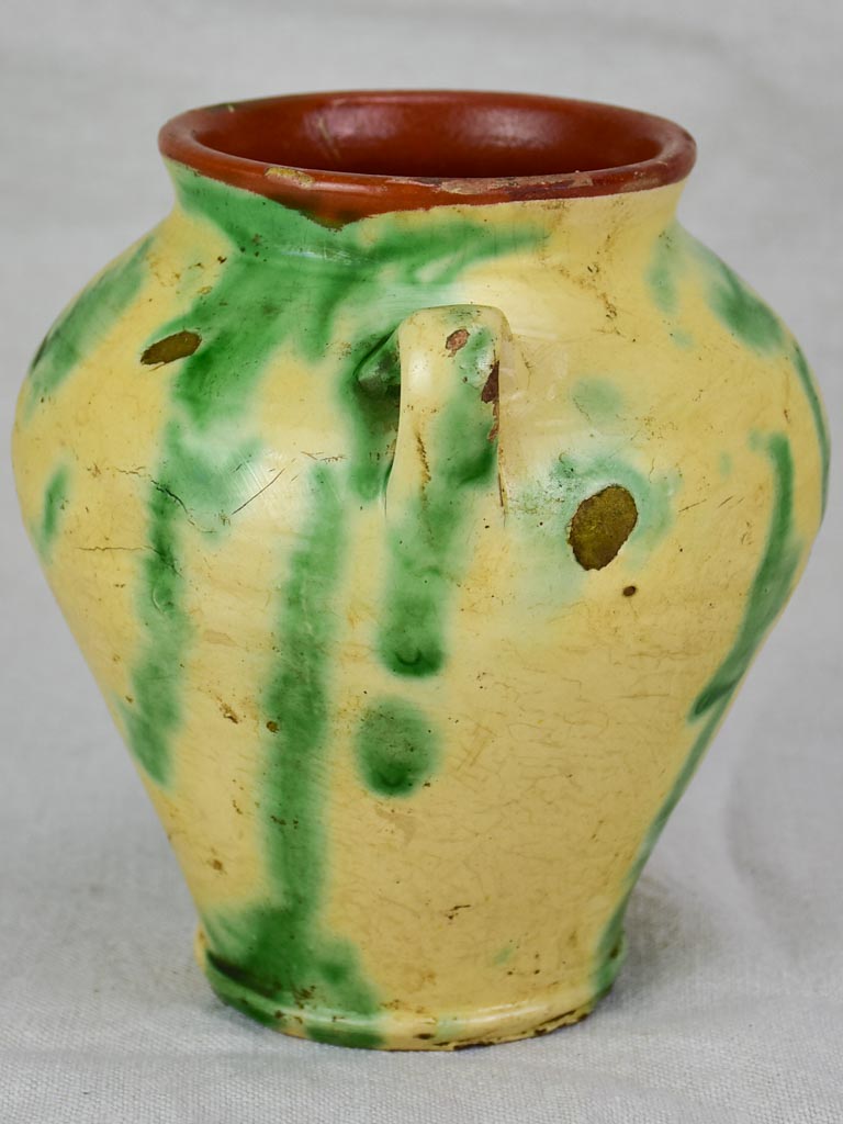 Antique confit pot - yellow and green 8"
