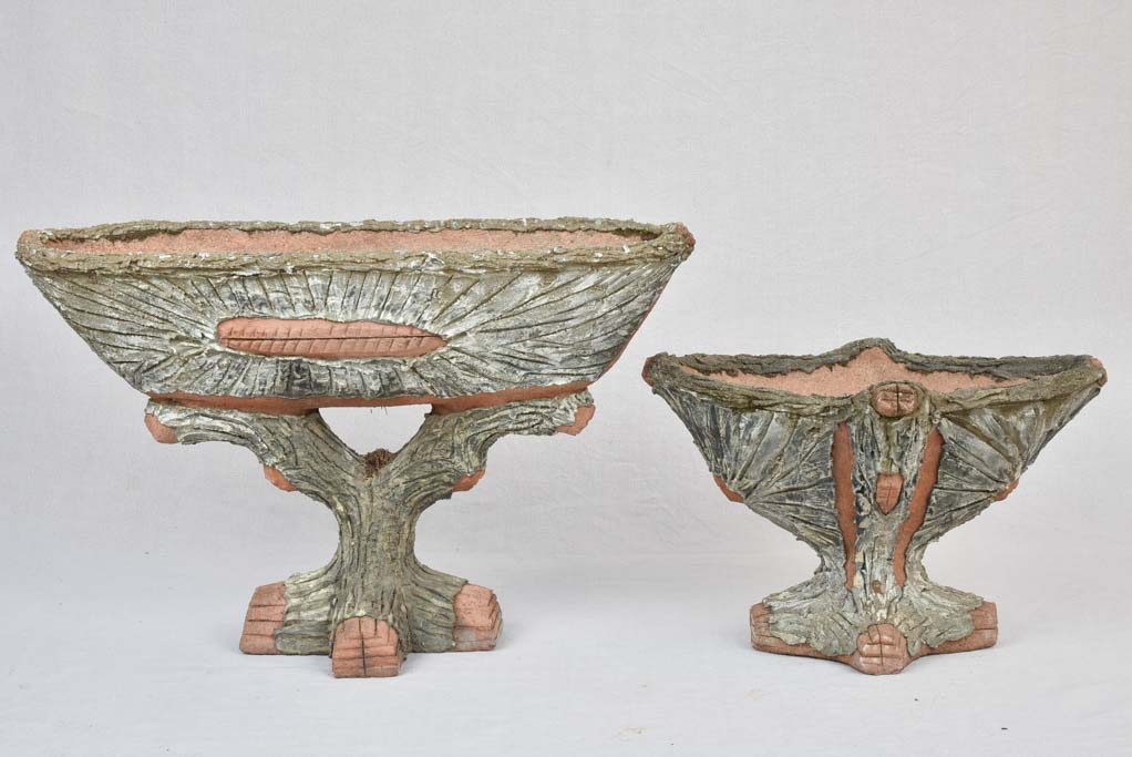 Two faux bois vintage garden planters