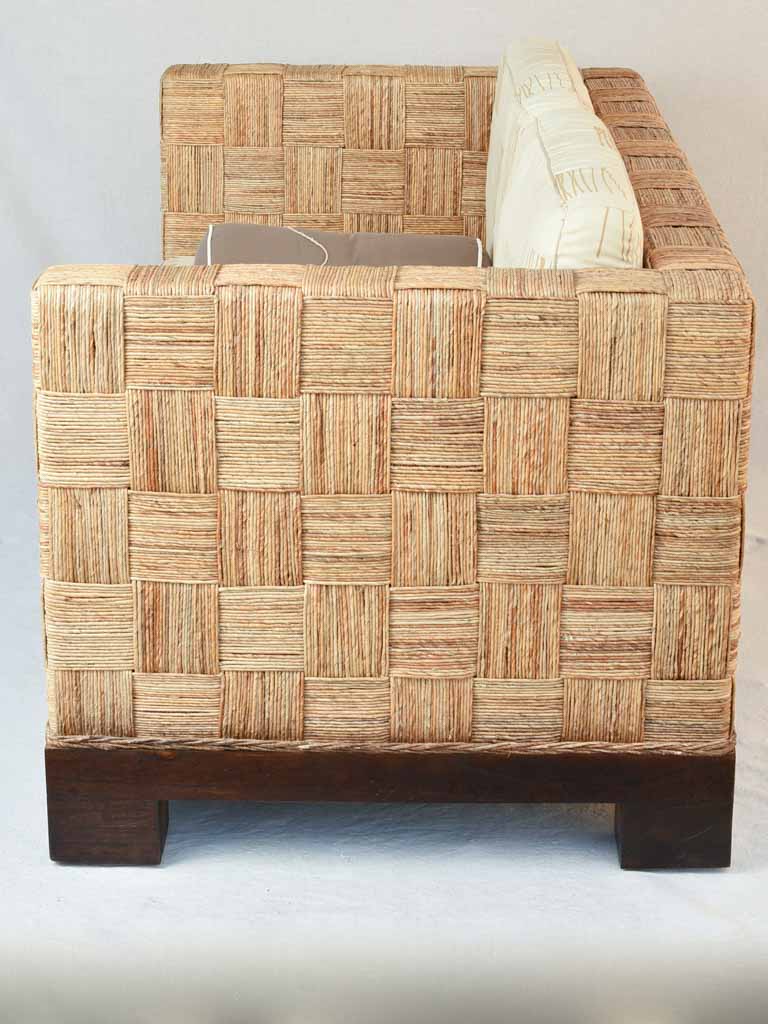 Vintage two seat sofa - woven straw frame with teak feet 55"