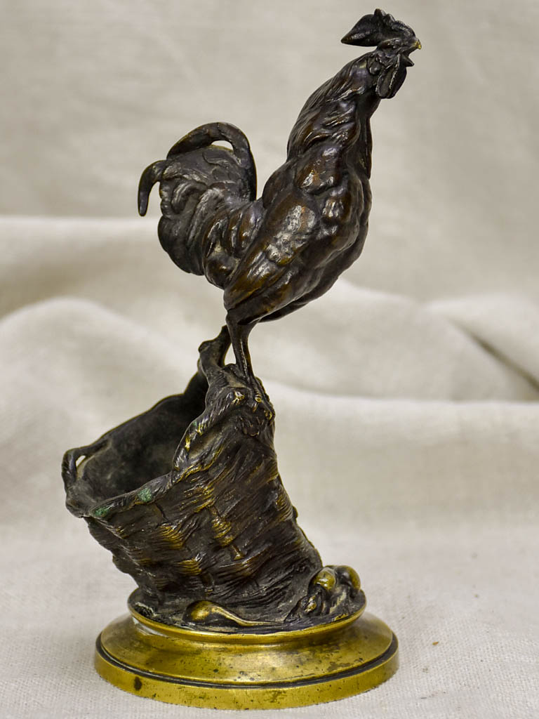 Antique French bronze Auguste Caïn "Coq Sur Un Panier" Sculpture - match stick holder