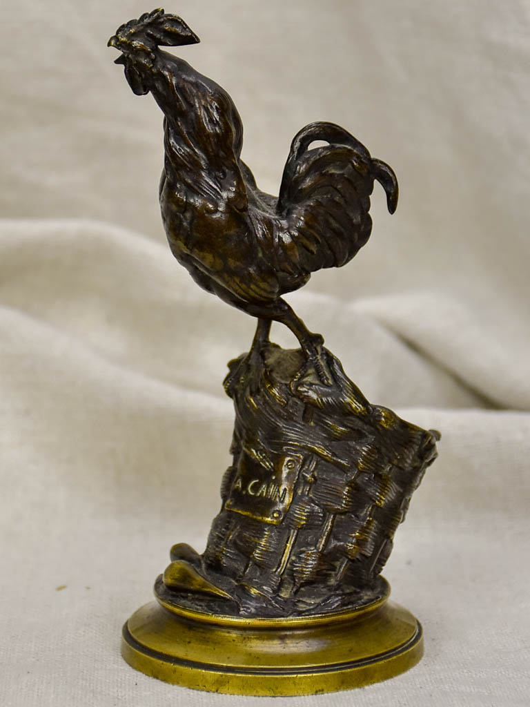 Antique French bronze Auguste Caïn "Coq Sur Un Panier" Sculpture - match stick holder