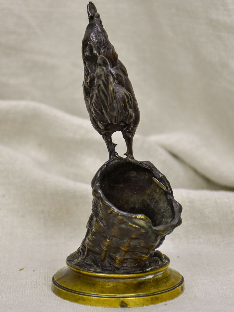Antique French bronze Auguste Caïn "Coq Sur Un Panier" Sculpture - match stick holder