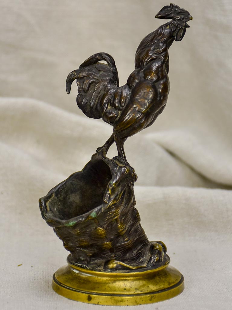 Antique French bronze Auguste Caïn "Coq Sur Un Panier" Sculpture - match stick holder