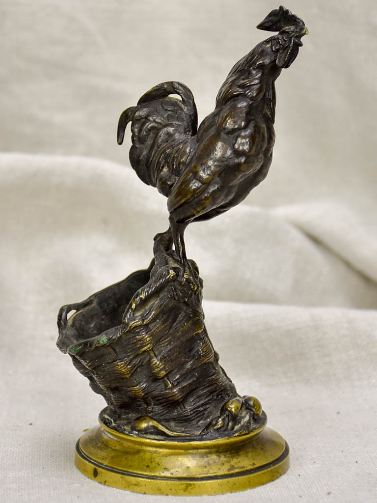 Antique French bronze Auguste Caïn "Coq Sur Un Panier" Sculpture - match stick holder