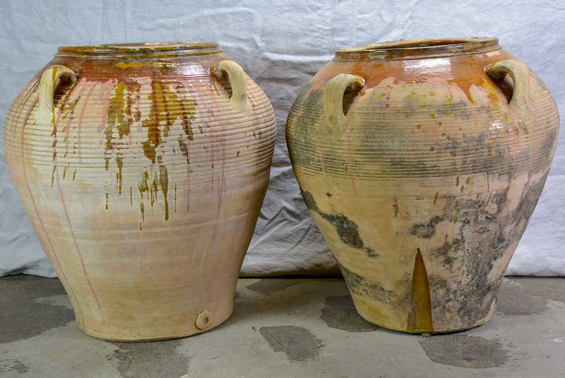 Two very large Spanish terracotta olive pots with four handles 28"
