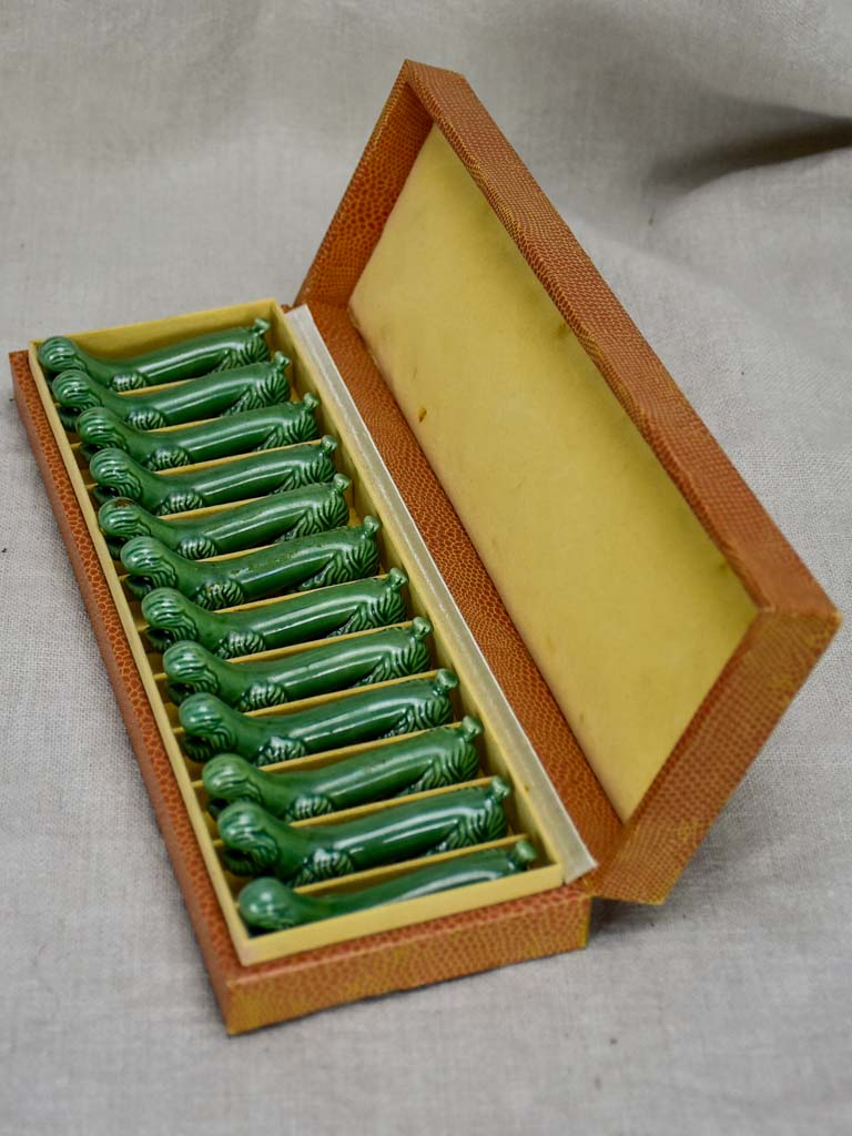 Set of twelve mid century knife rests - green poodles