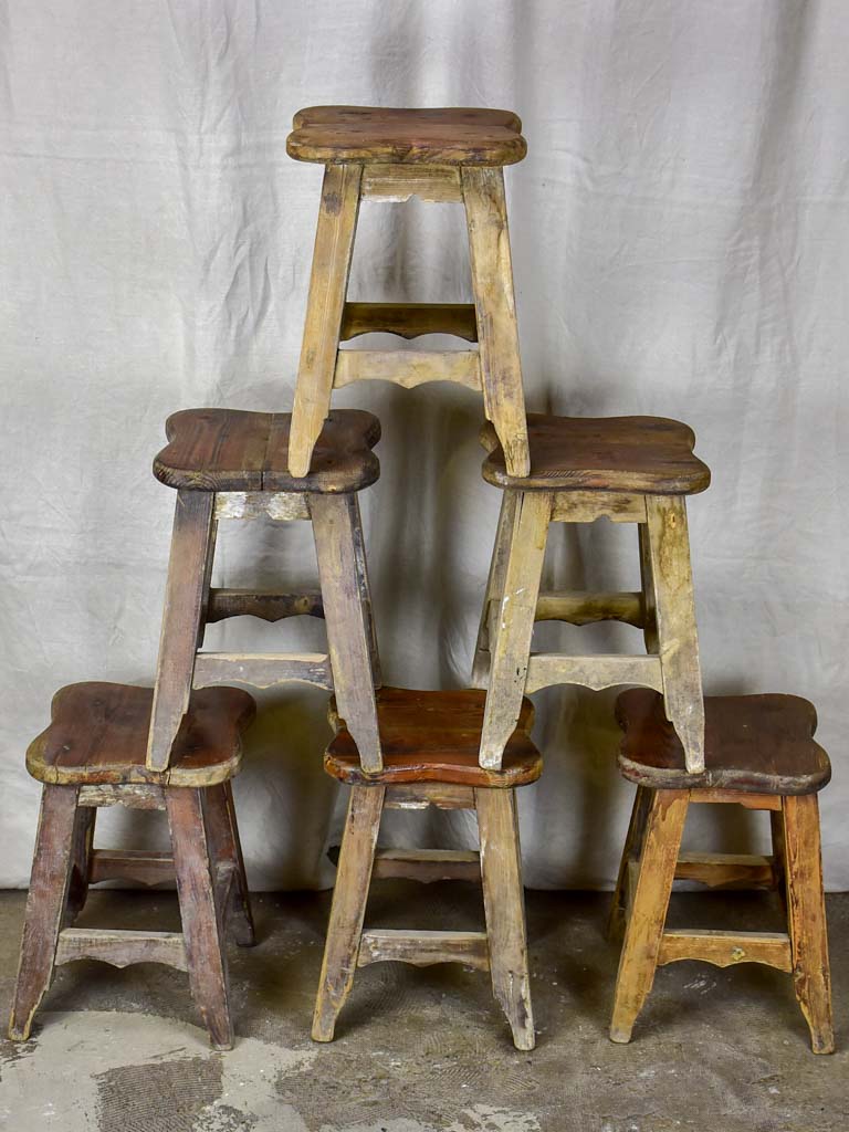 Six antique French timber stools