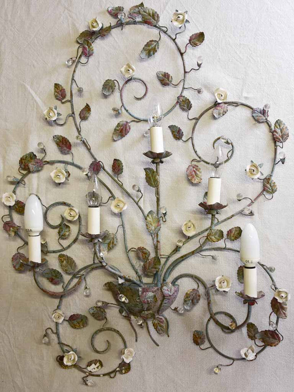 Large French wall applique - blue gray tole with flowers 35½"