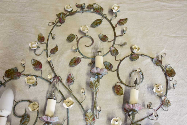 Large French wall applique - blue gray tole with flowers 35½"