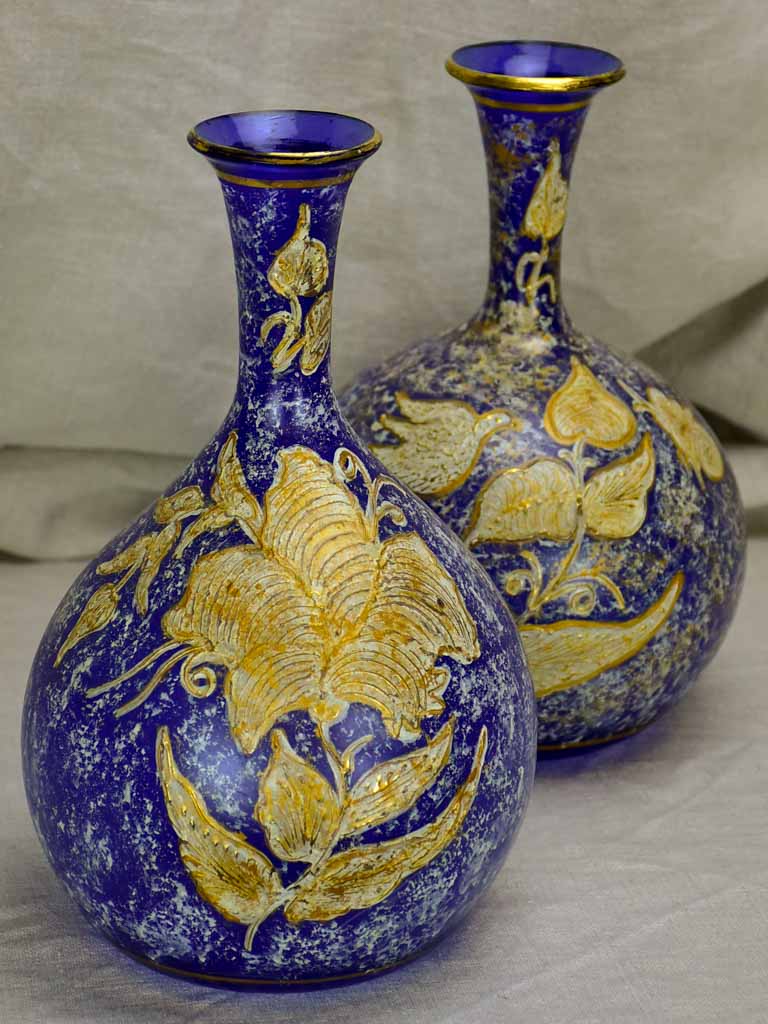 Pair of antique blown glass vases - blue and gold
