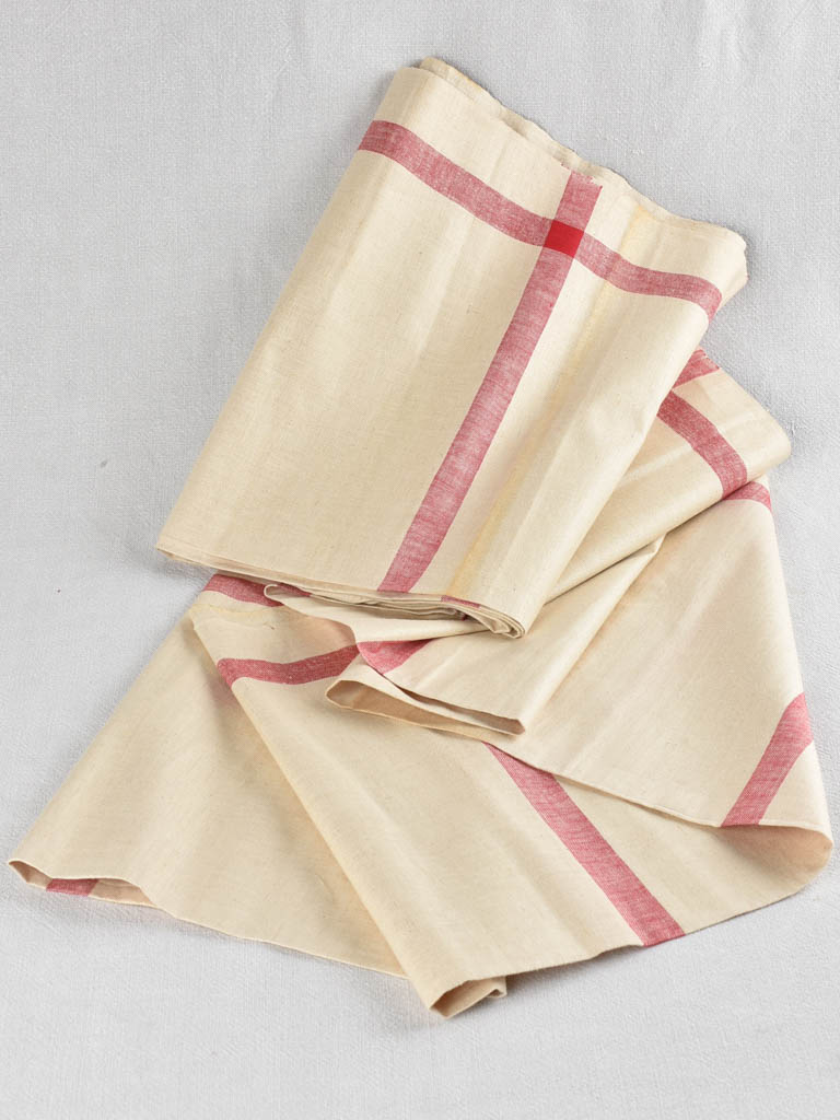 Very large antique French linen fabric with broad red stripe - never used  204"