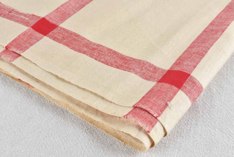 Very large antique French linen fabric with broad red stripe - never used  204"