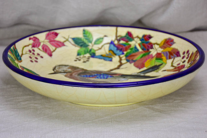 1930's French plate with bird and autumn foliage - Emaux de Longwy 15"
